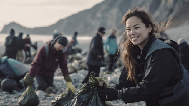 Volunteers picking up trash on the beach. Ecology concept. Ai generative