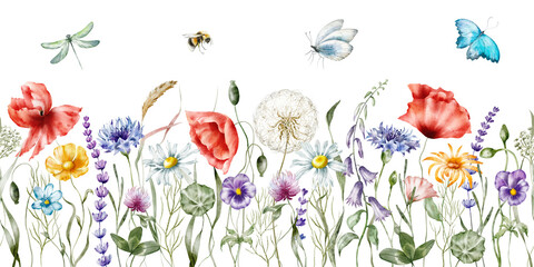 Watercolor floral seamless border – Wildflowers: summer flower, blossom, poppies, chamomile, dandelions, cornflowers, lavender, violet, bluebell, clover, buttercup, butterfly.