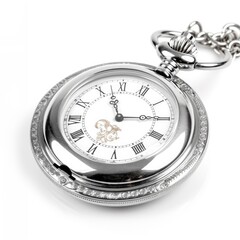 An elegant silver pocket watch isolated on white background. Generative AI
