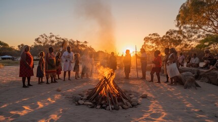 Mabo Day ceremony with Indigenous Australians performing dances around a bonfire.  Generative AI