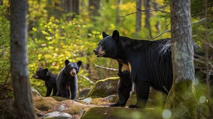 A black bear and  bear cub on National Black Bear Day. Generative AI  - obrazy, fototapety, plakaty