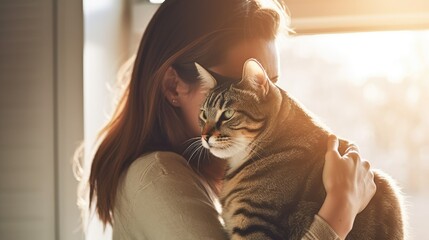 National Hug Your Cat Day features a loving cat owner hugging a cat. Generative AI