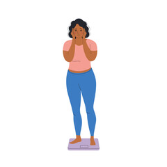 Sad depressed fat overweight woman stand on scales shocked by weight gain. Vector flat style cartoon  illustration