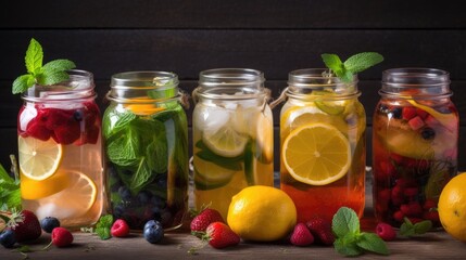 A set of glases of lemonade with lemon. Generative AI