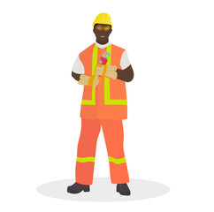 A worker in an orange work uniform is holding a wrench. Flat cartoon illustration