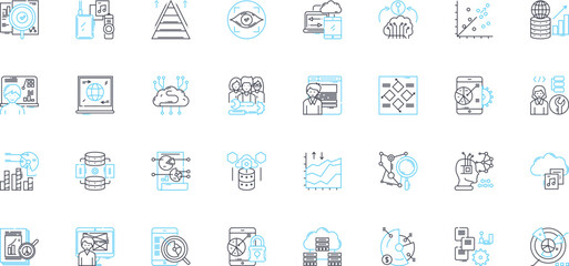 Market reporting linear icons set. Analytics, Trends, Insights, Data, Industry, Analysis, Forecasting line vector and concept signs. Performance,Statistics,Research outline illustrations