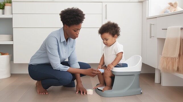 Potty Training Awareness Month scene with a toddler learning how to use a child toilet. Generative AI