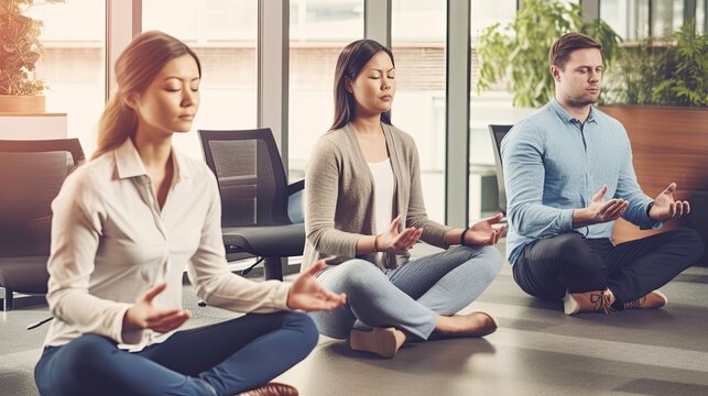 Professional Wellness Month office setting with employees doing yoga. Generative AI