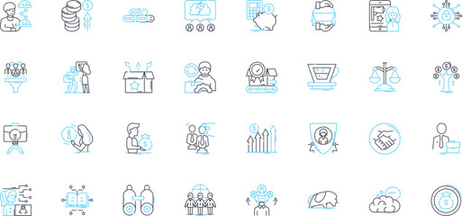 Business opening linear icons set. Inauguration, Launch, Debut, Commencement, Introduction, Premiere, Establishment line vector and concept signs. Kickoff,Opening,Unveiling outline illustrations