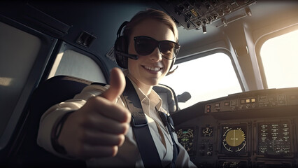 A pilot giving a thumbs up in a cockpit poster with copy space - Fictional Person, Generative AI - obrazy, fototapety, plakaty
