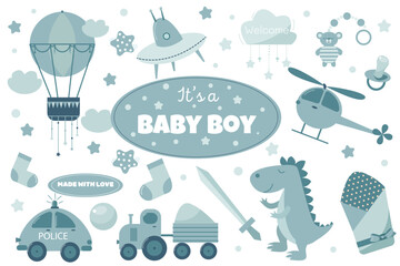 vector set with toys for a boy in blue color