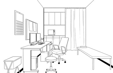 漫画風ペン画イラスト　病院_室内