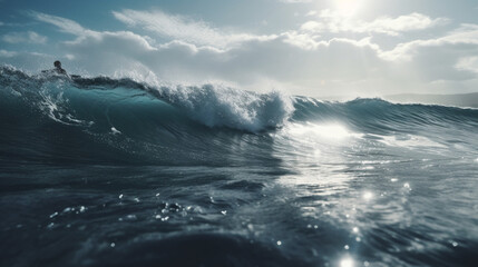 Fototapeta na wymiar SURFER RIDING BIG WAVES IN THE OCEAN