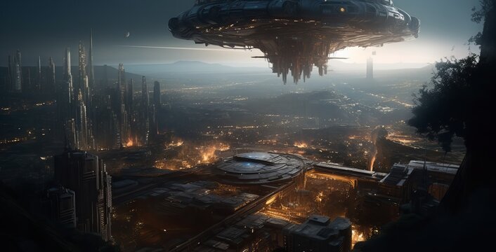 alien planet earth, Hyperion-inspired Desktop Wallpaper with Cinematic Lighting and Unreal Engine 5 Technology: Moody, ufo in the night, ufo flying over the moon, ufo in the sky, Generative AI