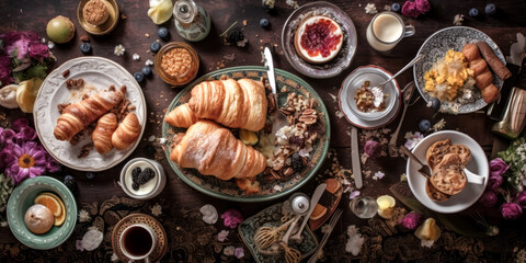 Obraz na płótnie Canvas A Continental breakfast captured from above was created with generative AI.- generative ai