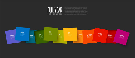 Infographic full year timeline template made from color squares on dark background