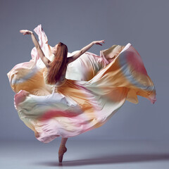 Ballerina wearing rainbow dress dancing graceful movement over grey studio background. Beauty of...