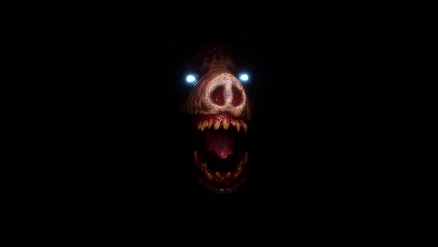 Rotten Zombie Pig Head VJ Loop &ndash; scary pig head with glow eyes and big teeth come here from nearest cemetery. Use it in your next VJ thematic sets, metal and gothic festivals, Halloween rave parties a