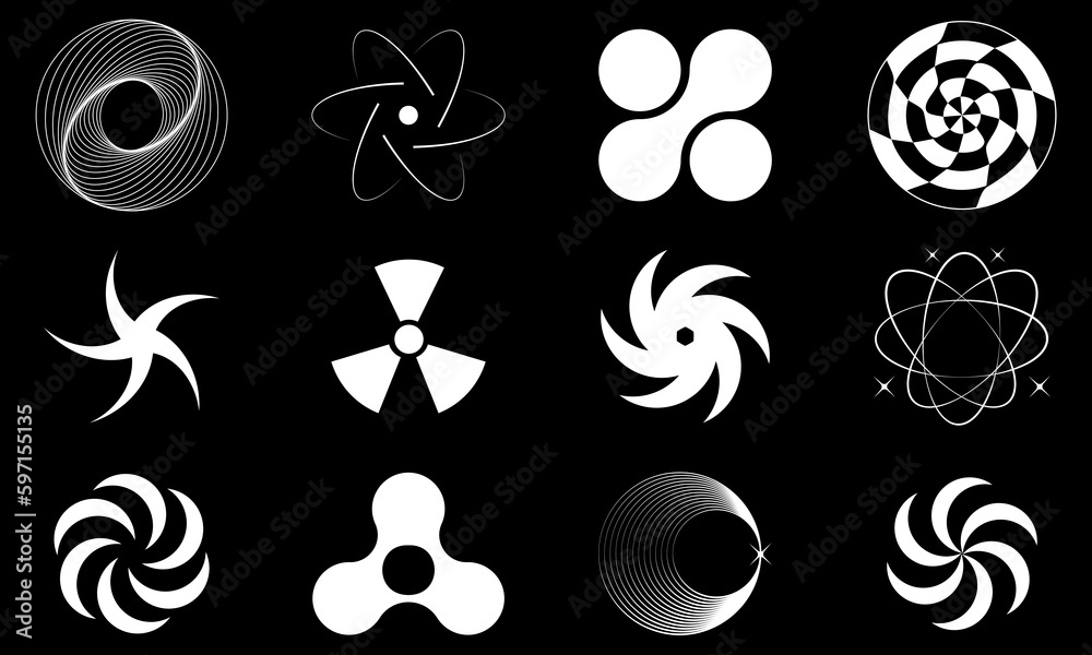Poster Collection of abstract graphic geometric symbols and objects in y2k style. Retro objects for design, projects, posters, banners and business cards. Vector symbols on black background