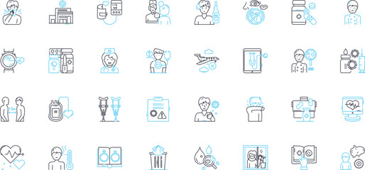 Remote healthcare linear icons set. Telehealth, Telemedicine, Virtual healthcare, E-health, Teleconsultation, Remote monitoring, Teletherapy line vector and concept signs. Online healthcare