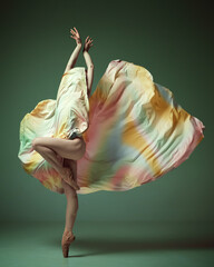 One graceful ballerina wearing rainbow dress dancing graceful movement on dark green studio background. Standing tiptoe © Lustre Art Group 