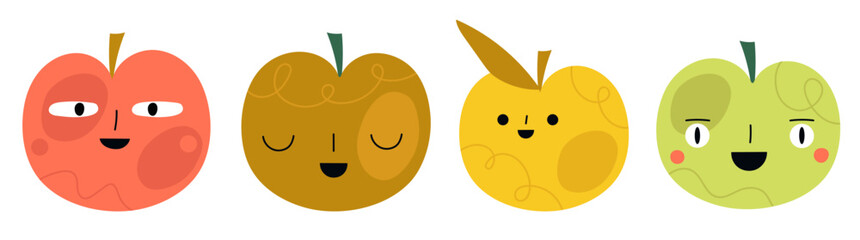 Vector illustration with colorful doodle style apples with faces. Sticker pack fruit collection, natural eco food