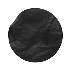 Black round stickers with wrinkles and curl edges. Realistic set of glued paper patches, blank sticky tags or labels with folds and peel off corners isolated on background.