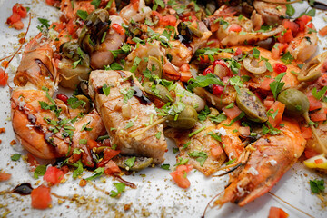Seafood Delight Cocktail with Shrimp, Scallops, Squid, Salmon, Capers and Herbs