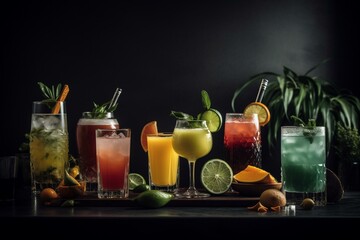 Introduction of drink selection with a variety of cocktails including Pina Colada, Tequila Sunrise, and Mojito. Generative AI