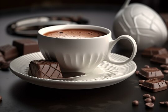 3D-rendered white porcelain teacup and saucer with chocolate. Generative AI