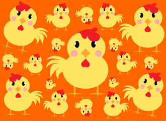 Texture vector illustration with chickens, chick, artwork, pattern.