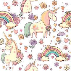 Unicorns and rainbow seamless pattern with flowers, hearts. Cute cartoon magic animals. Vector repeated background with beautiful pastel unicorns. Girl vintage sweet print design - 597156381