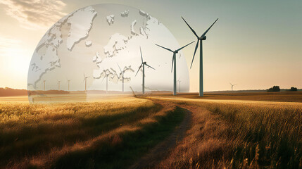 Crops field with wind farm turbines in the background, windmill creating renewable energy, ecosystem and ecology environment background, earth globe overlay, created using Generative AI technology