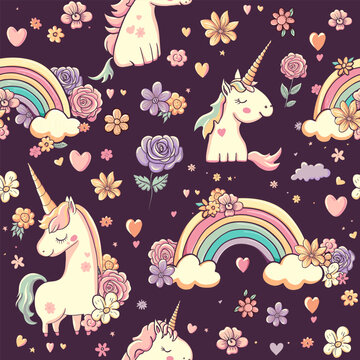 Unicorn, rainbow seamless pattern with flowers, hearts. Happy cartoon character fairy animals. Vector repeat background with beautiful delicate unicorns. Girl cute wallpaper design
