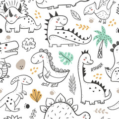 Seamless pattern with hand drawn dinosaurs.