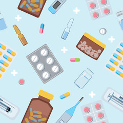 Medicine and pharmacy seamless pattern with pills, capsules, ampoule, tubes. Vector background in flat style.