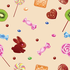 Seamless pattern of confectionery. Delicious and sweet background. Candy land. Chocolate and baked goods. Vector background in cartoon style.