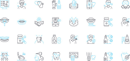 Oral hygiene linear icons set. Toothpaste, Brushing, Flossing, Mouthwash, Dentist, Plaque, Tartar line vector and concept signs. Cavities,Gingivitis,Halitosis outline illustrations