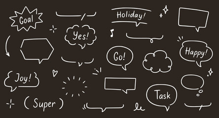 Balloon text frame decoration set chalkboard background. Simple hand drawn pen line speech bubble, cloud, balloon frame for text border. Doodle elegant dialog bubble. Vector illustration