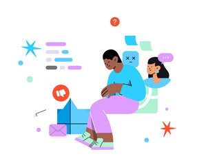 illustration of a person overwhelmed by work stress and family stress , depression, sad, family stress, work stress, office stress

