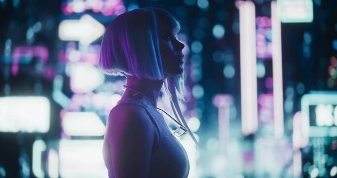 Cinematic Arc Shot of a Stylish Young Cosplay Model with Blue Hair Wandering Around a Futuristic Cybernetic City with Neon Lights. Young Excited Female in a Cyberpunk Virtual Reality