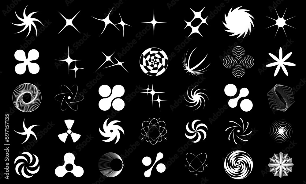 Aufkleber Collection of abstract graphic geometric symbols and objects in y2k style. Retro objects for design, projects, posters, banners and business cards. Vector symbols on black background