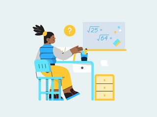 An illustration of a girl sitting at a desk in front of a chalkboard , studying math