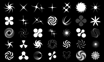 Collection of abstract graphic geometric symbols and objects in y2k style. Retro objects for design, projects, posters, banners and business cards. Vector symbols on black background