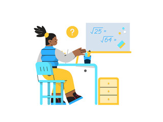 An illustration of a girl sitting at a desk in front of a chalkboard , studying math