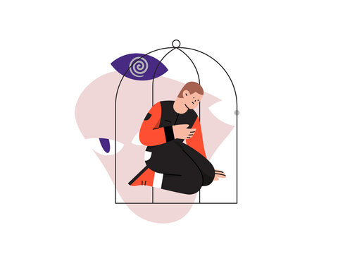A illustration of a man sitting alone in a cage, feeling trapped by his own far, phobia, feeling alone, feelings, autophobia, monophobia
