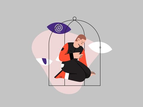 A illustration of a man sitting alone in a cage, feeling trapped by his own far, phobia, feeling alone, feelings, autophobia, monophobia