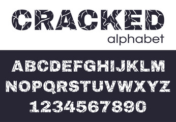 Cracked alphabet. Broken abc font, fissure letters and numbers, shattered, fractured broken letters flat vector illustration set