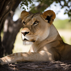 Fototapeta na wymiar Lioness relaxing in the shade. Created using ai generative. 