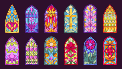 Mosaic church windows. Cartoon stained glass windows, decorative abstract mosaic frames flat vector illustration set. Cafedral arch windows